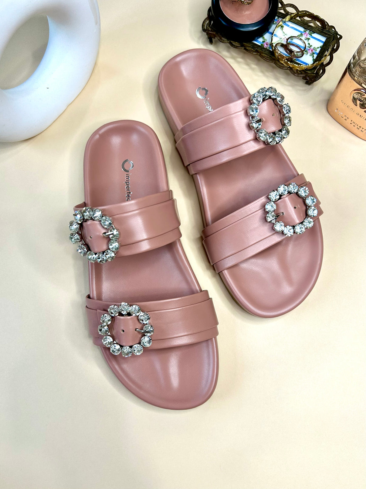 Slider Sandals With Rhinestone Buckle