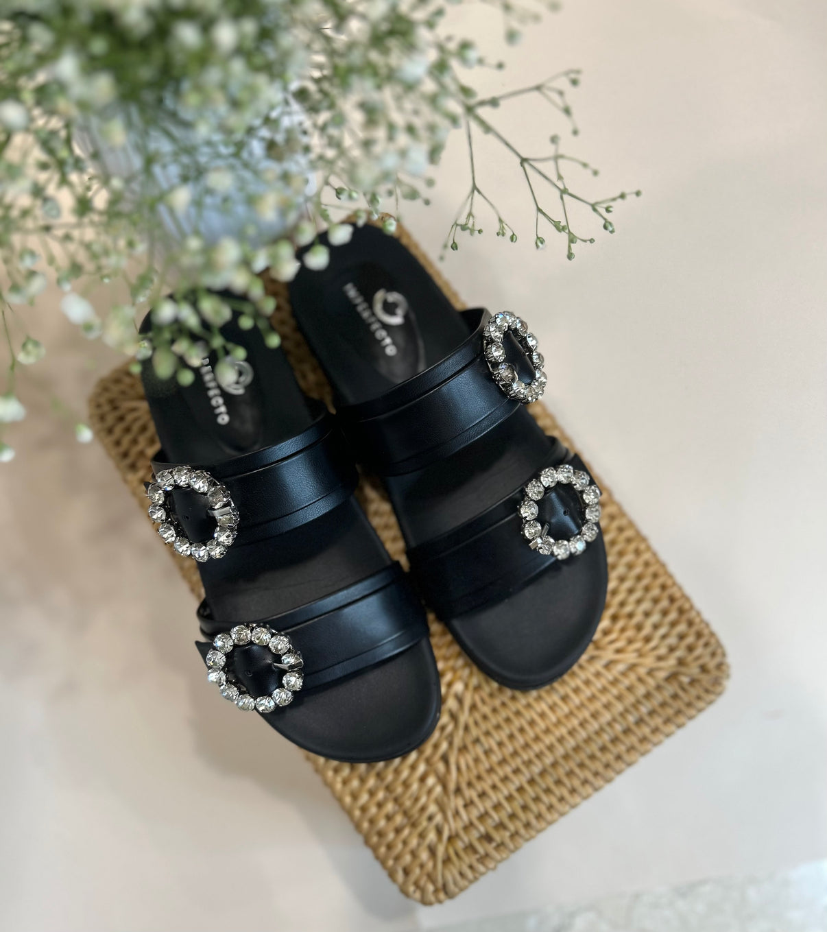 Slider Sandals With Rhinestone Buckle