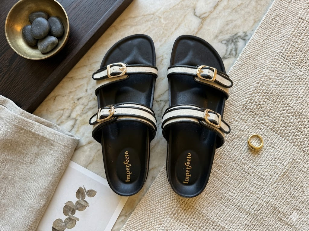 Canvas Two Strap Buckle Slider - Black