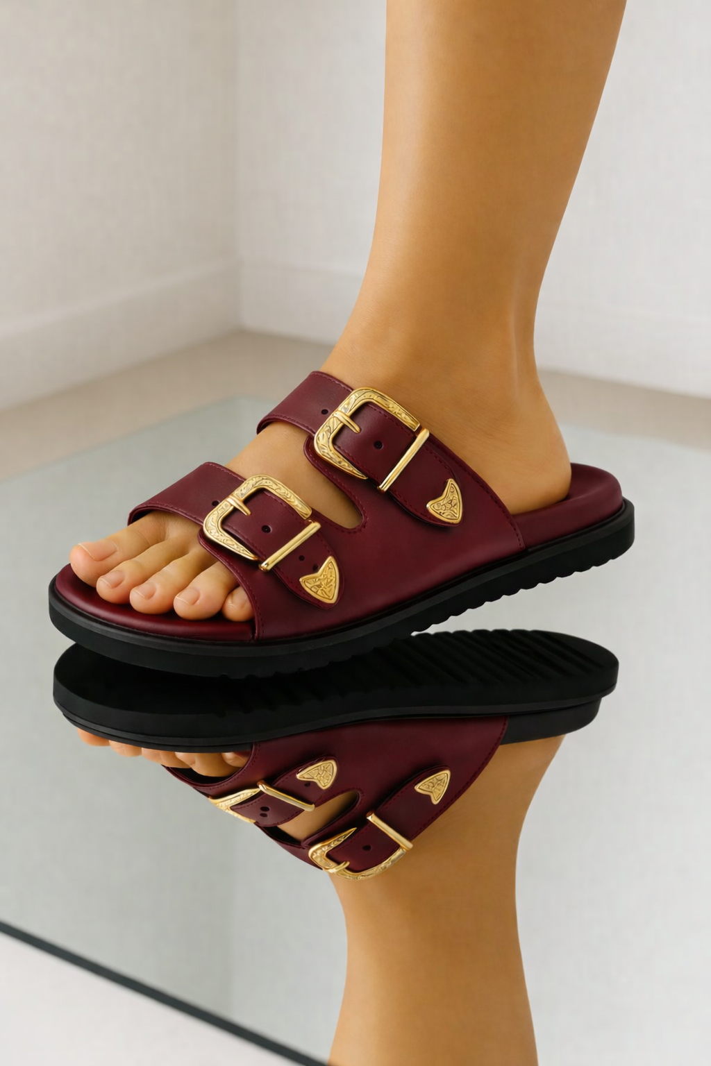 Swifty Sandals - Maroon Gold Buckle
