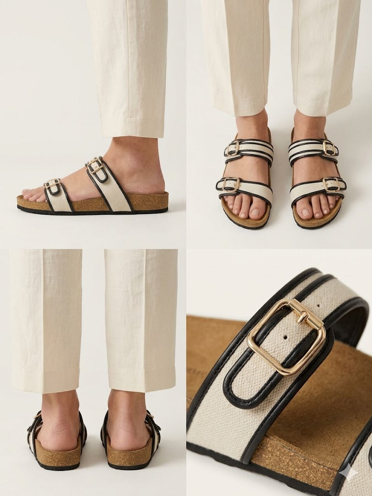 Canvas Two Strap Buckle Slider - Black