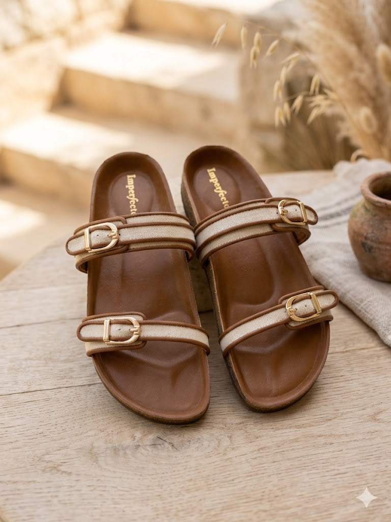 Canvas Two Strap Buckle Slider - Tan