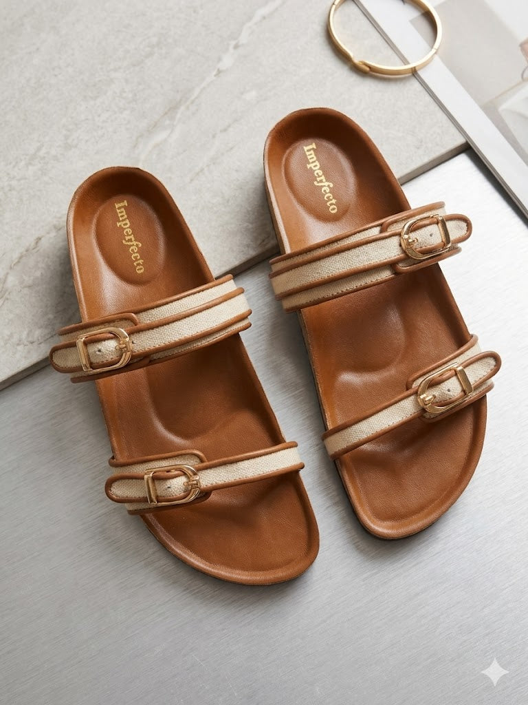Canvas Two Strap Buckle Slider - Tan