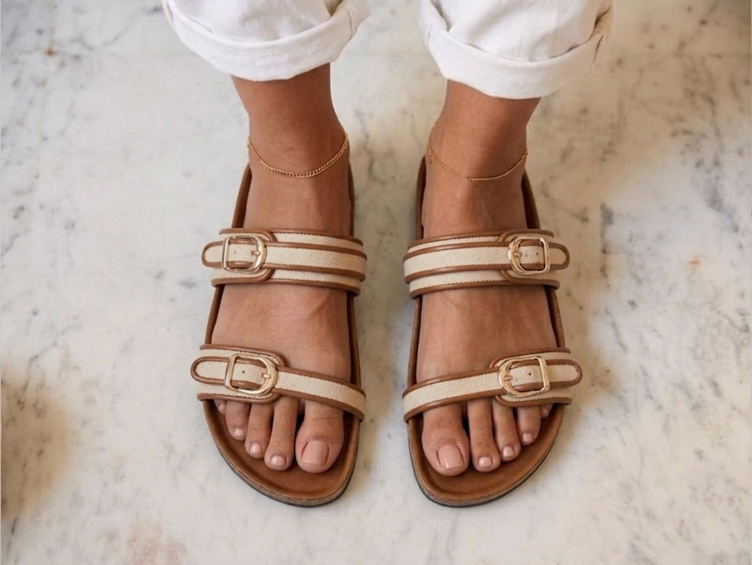 Canvas Two Strap Buckle Slider - Tan