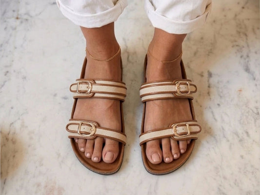 Canvas Two Strap Buckle Slider - Tan