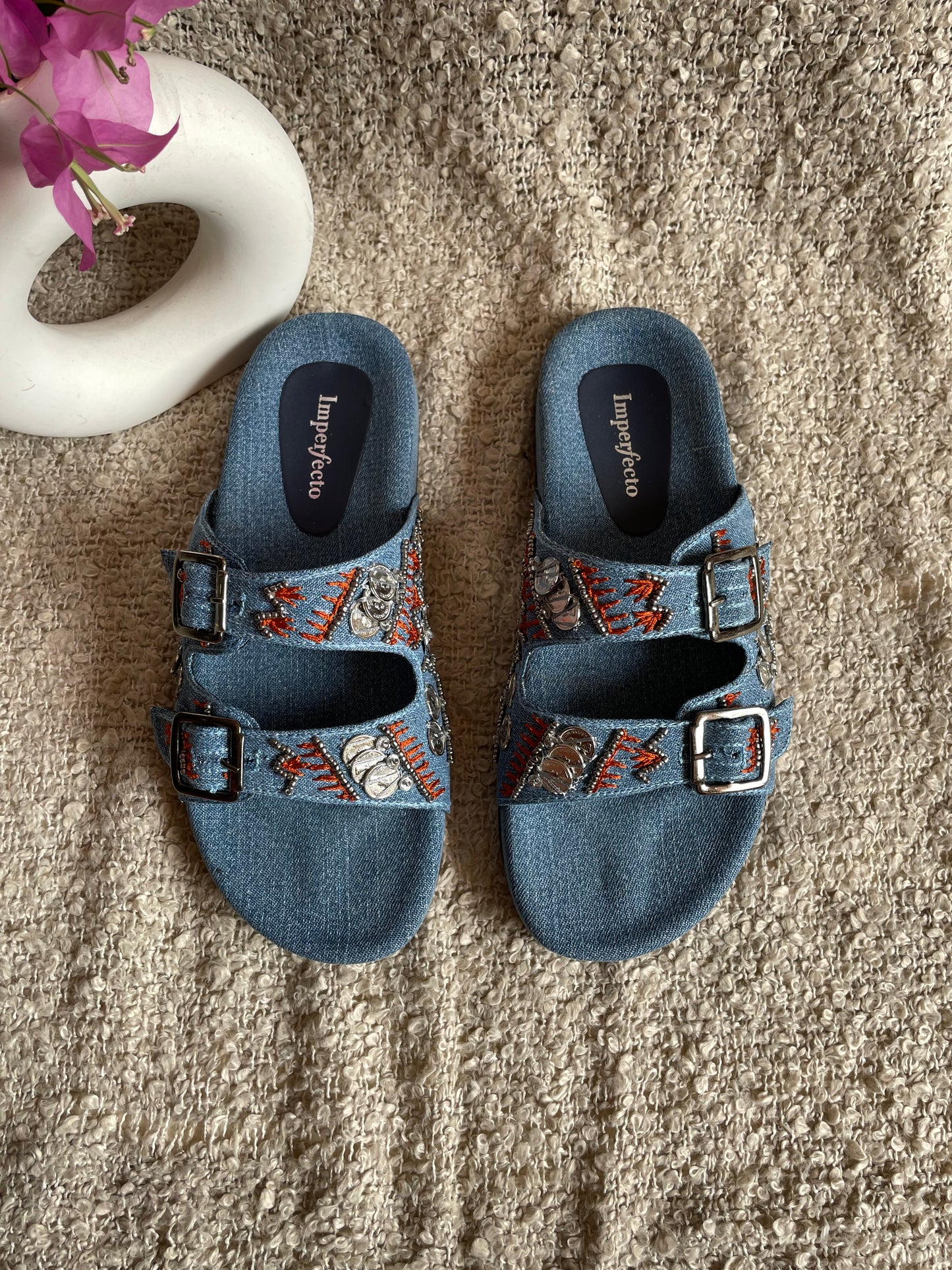 Denim Boho Embroidery Slides