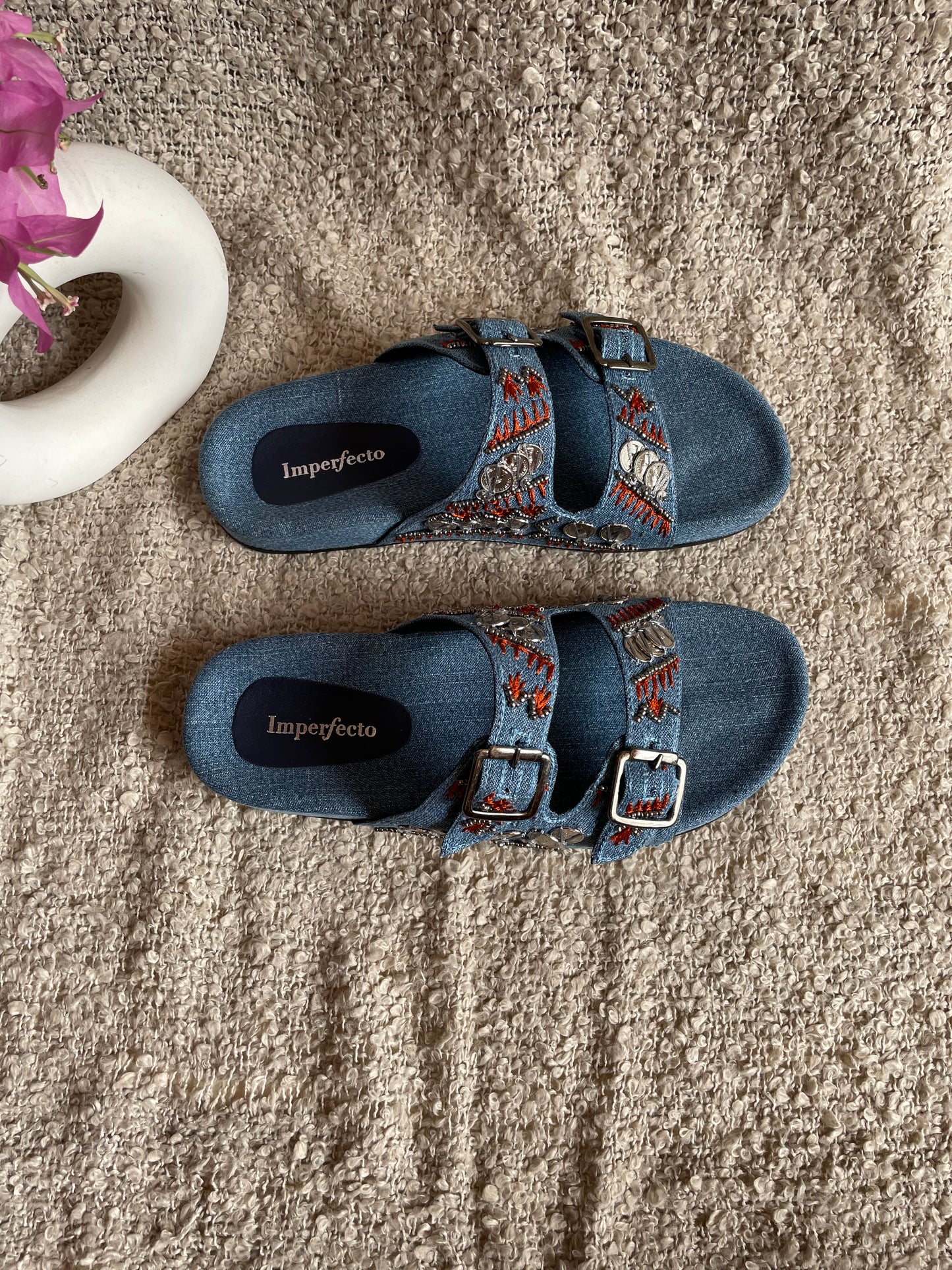 Denim Boho Embroidery Slides