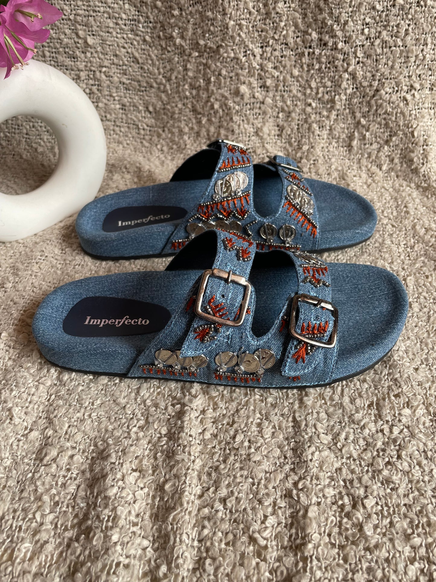 Denim Boho Embroidery Slides