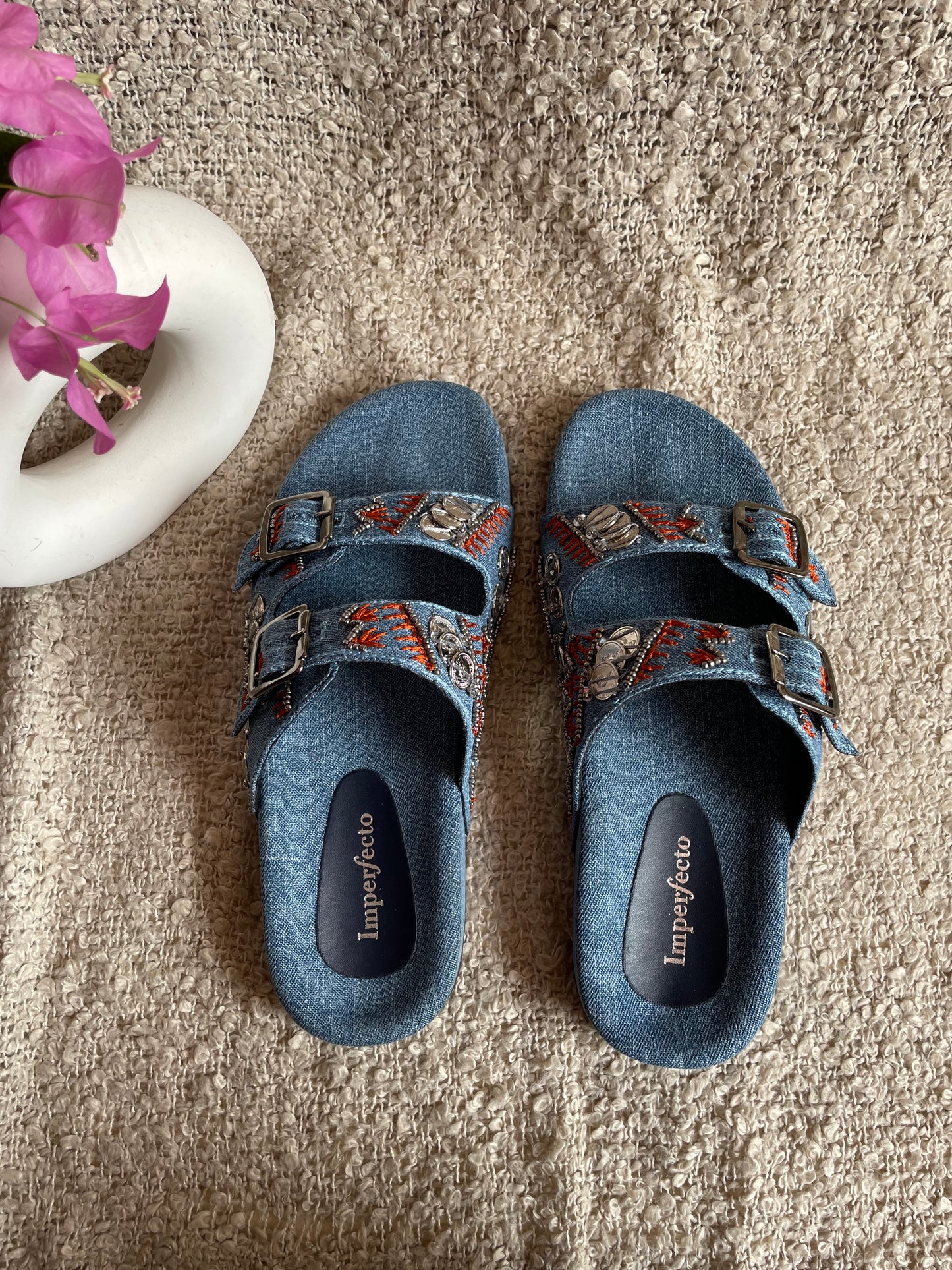 Denim Boho Embroidery Slides