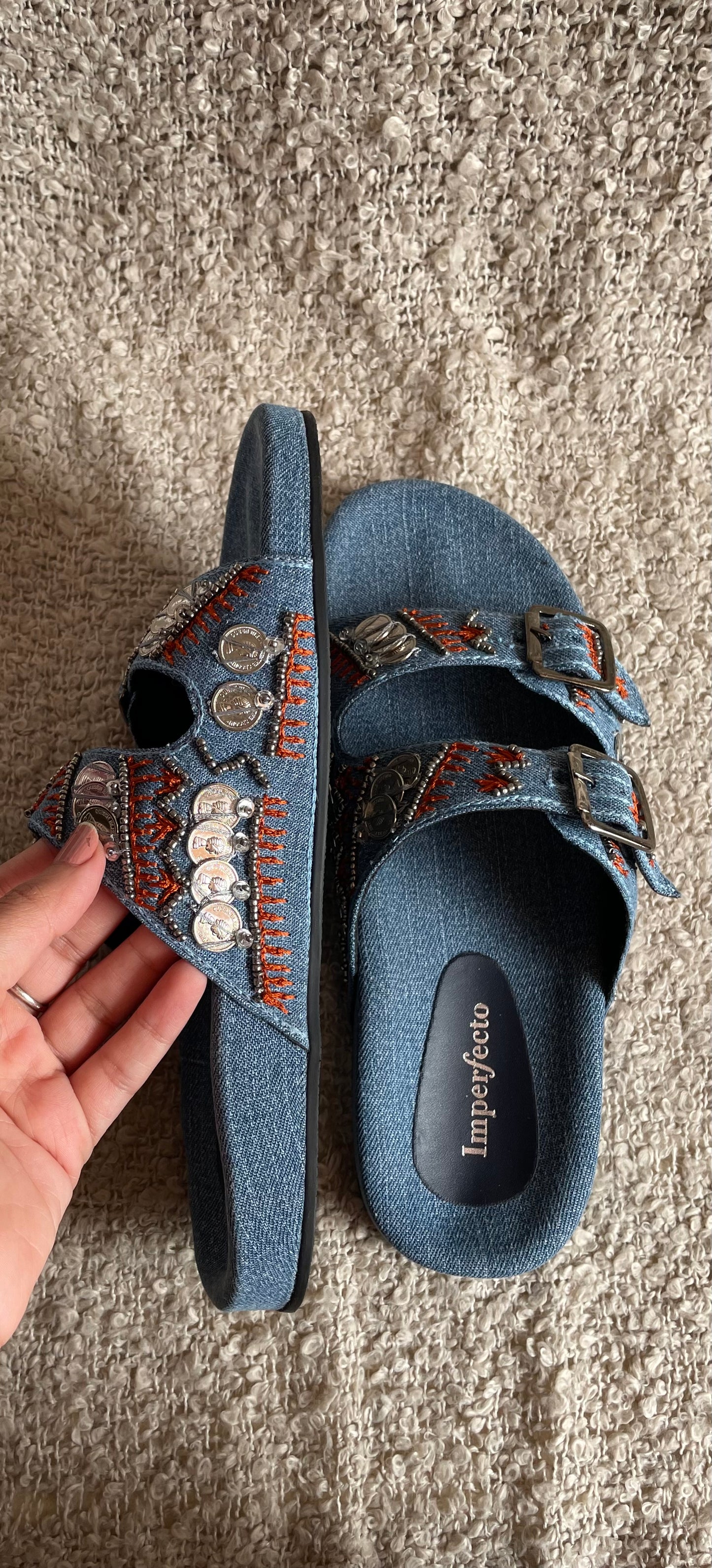 Denim Boho Embroidery Slides