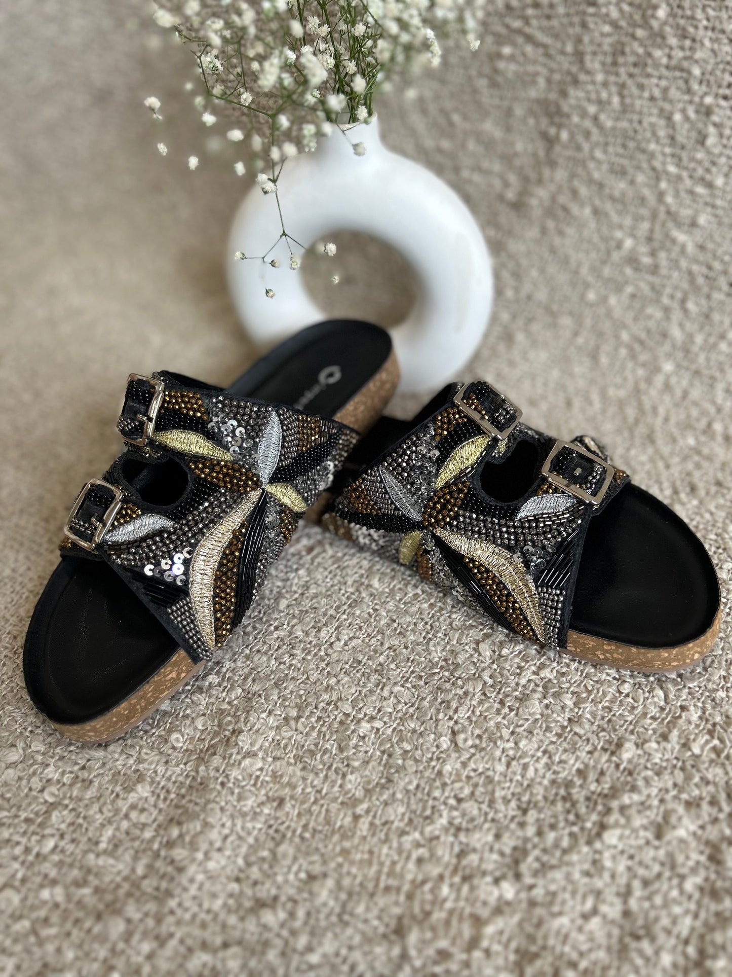 Embroidery Alia Slides - Black