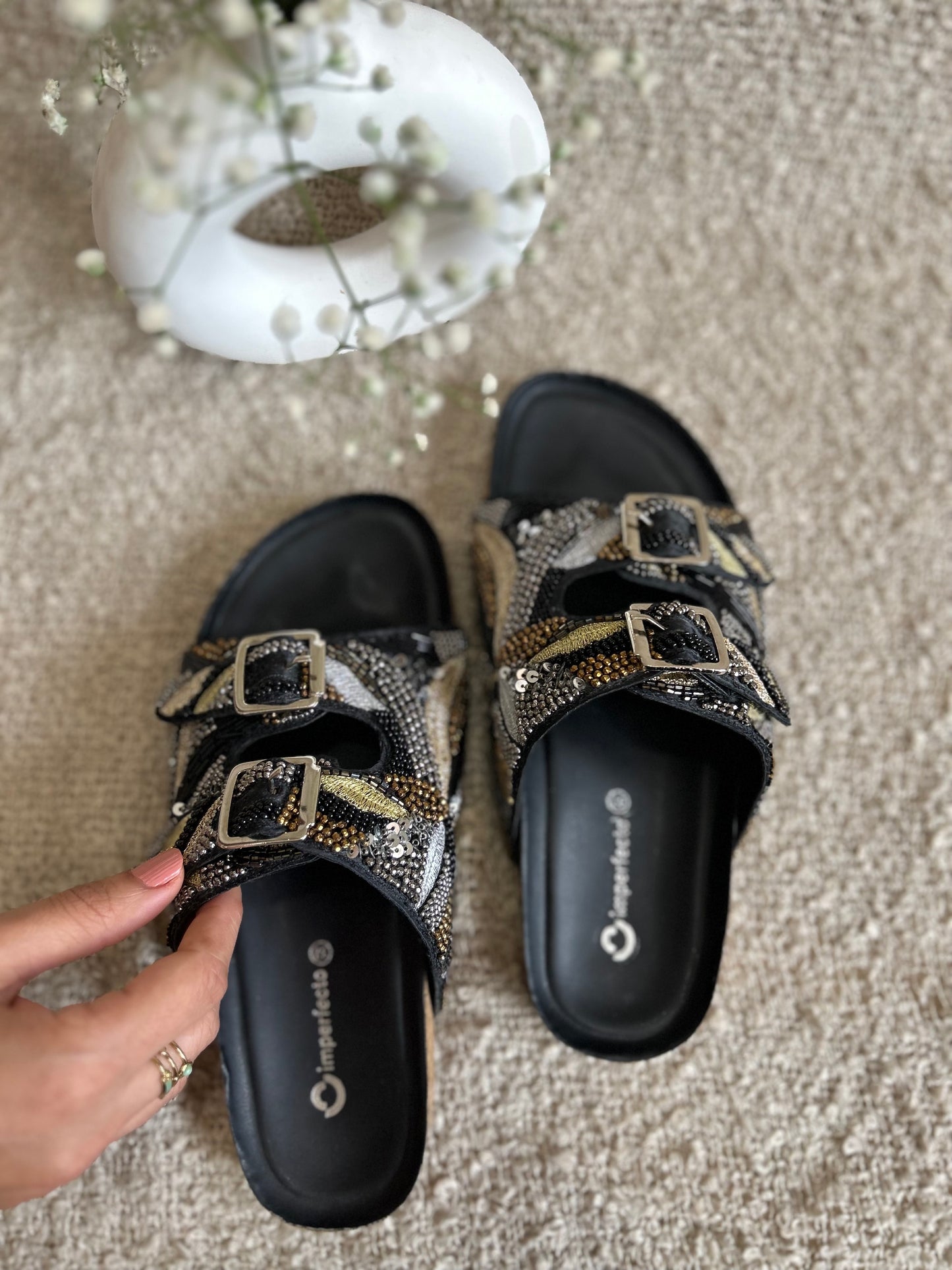 Embroidery Alia Slides - Black