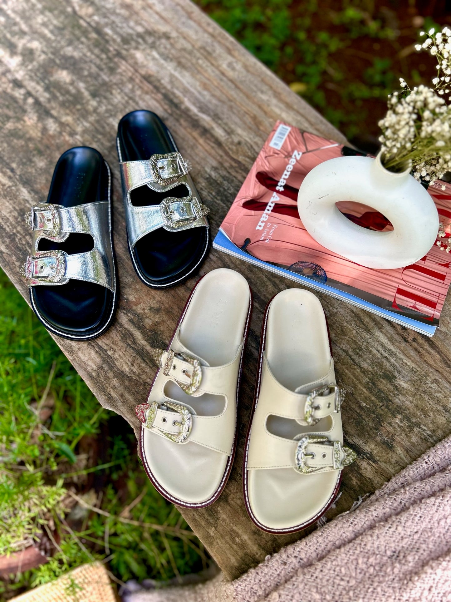 White Silver Buckle Sandals