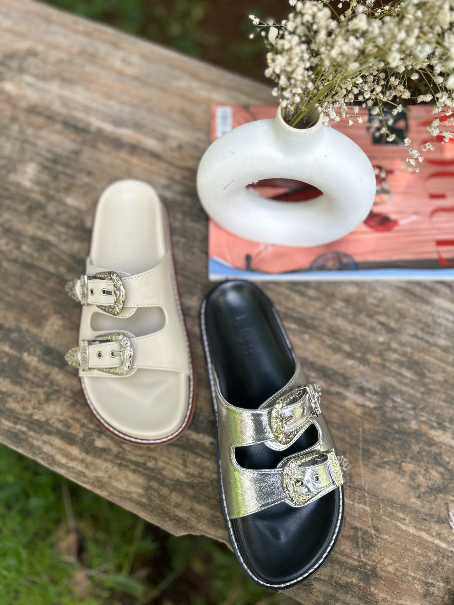 White Silver Buckle Sandals