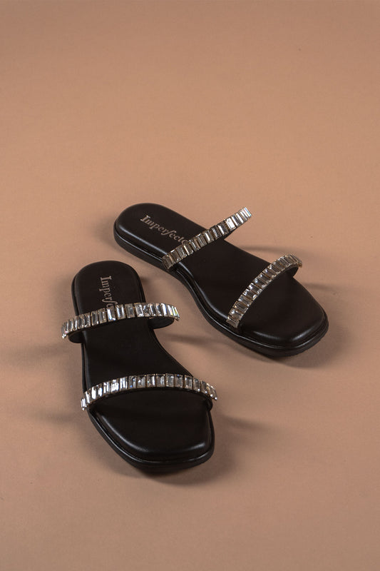 Strappy Embellished Black Sandals