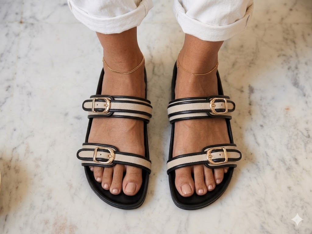 Canvas Two Strap Buckle Slider - Black
