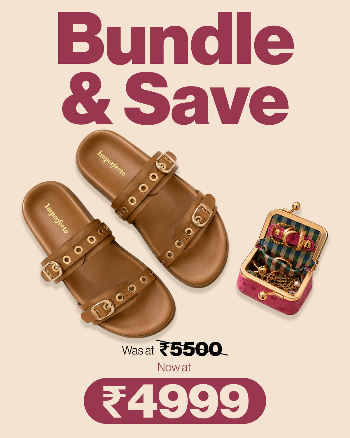 Rivet Tan Swifty Sandals + Pink Polka Jewelry Case - Save ₹500