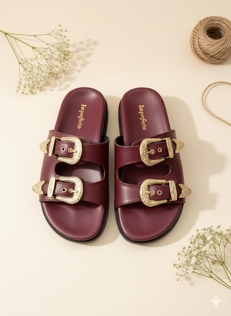 Swifty Sandals - Maroon Gold Buckle