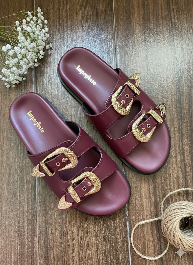 Swifty Sandals - Maroon Gold Buckle