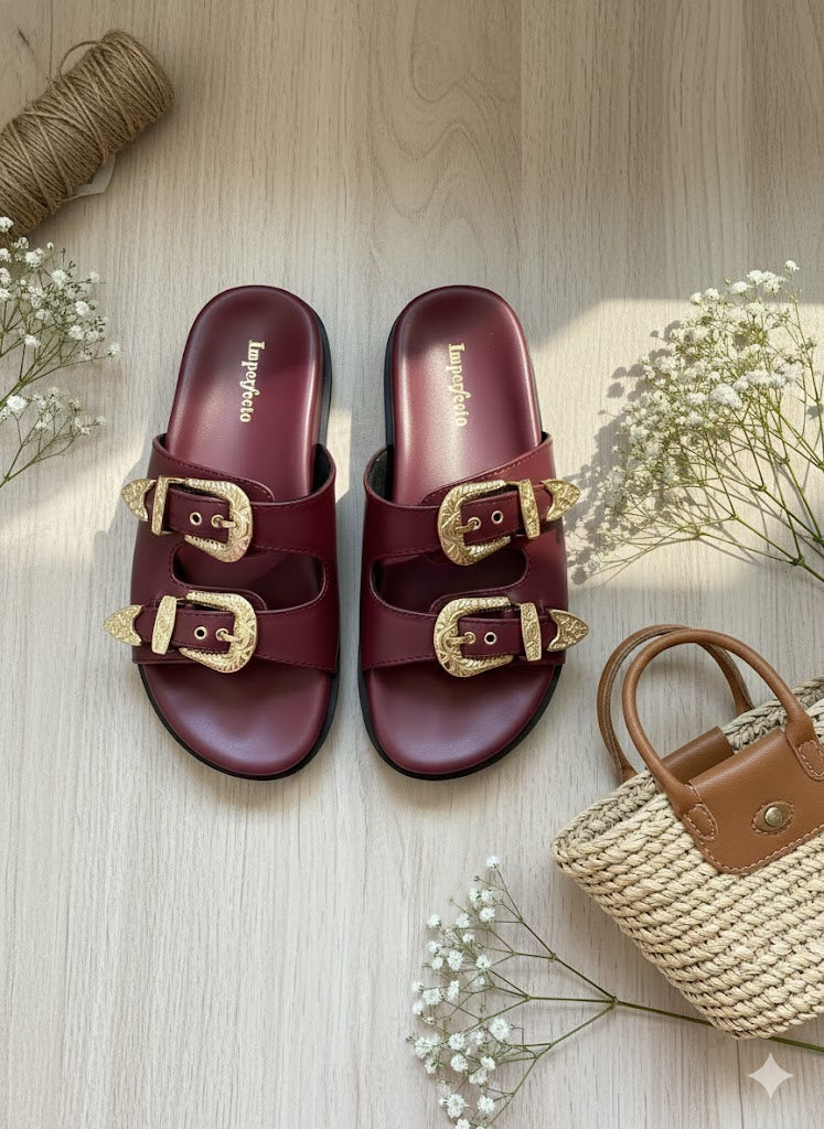 Swifty Sandals - Maroon Gold Buckle